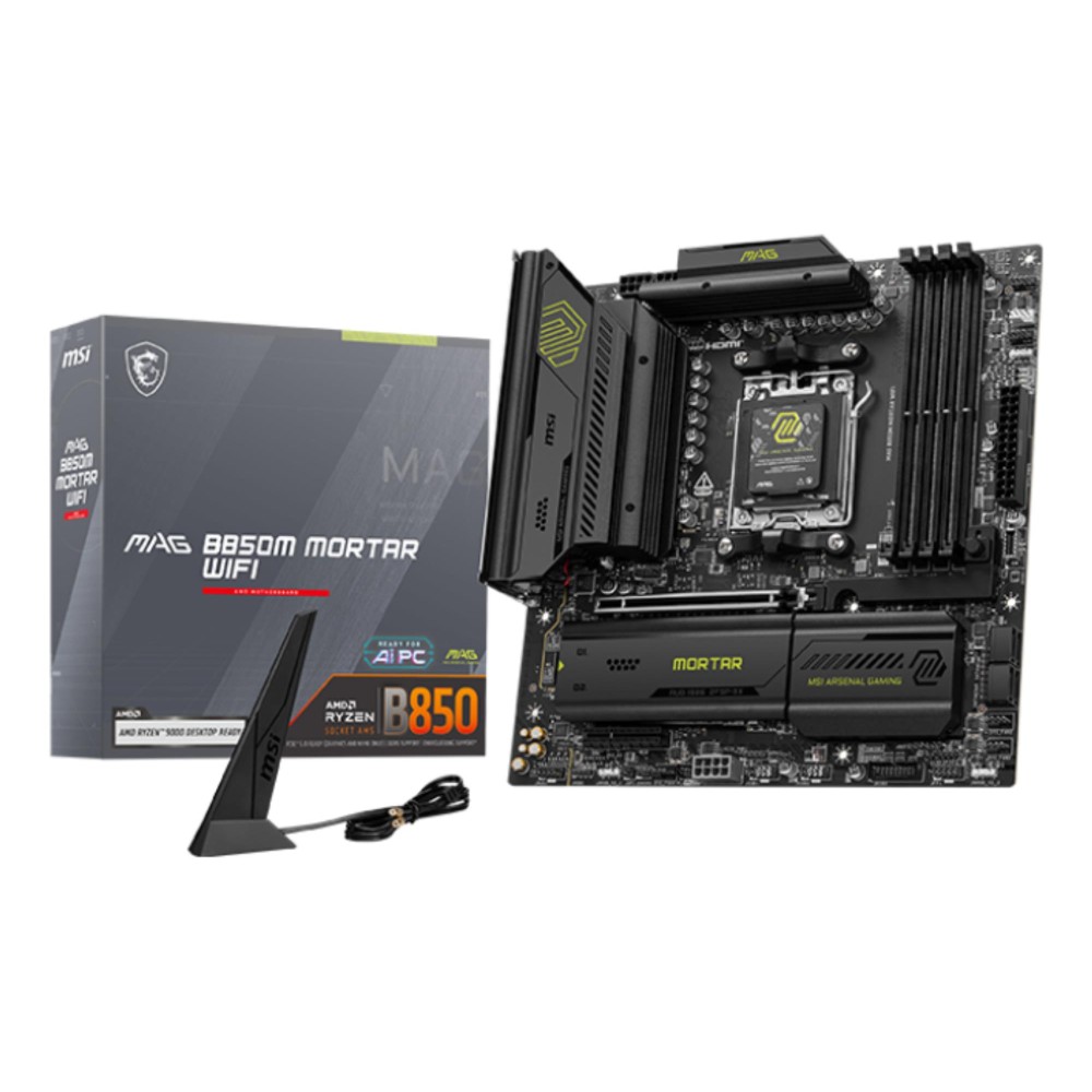 Mainboard|MSI|AMD B850|SAM5|Micro-ATX|Memory DDR5|Memory slots 4|1xPCI-Express 4.0 4x	|1xPCI-Express 4.0 8x|1xPCI-Express 4.0 16x|1xPCI-Express 5.0 16x|3xM.2|1xHDMI|3xUSB 2.0|4xUSB 3.2|2xUSB-C|1xOptical S/PDIF|1xRJ45|2xAudio port|MAGB850MMORTARWIFI