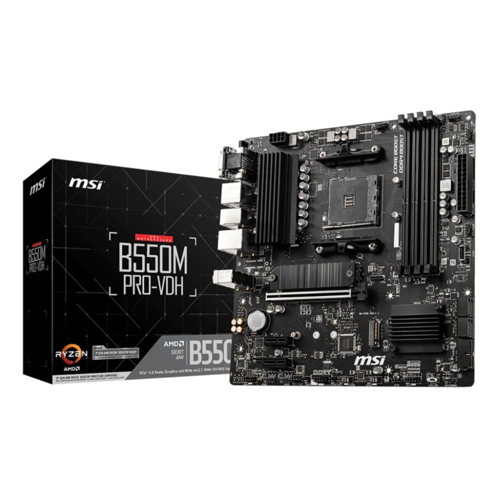 Mainboard|MSI|AMD B550|SAM4|MicroATX|Memory DDR4|Memory slots 4|2xPCI-Express 3.0 1x|1xPCI-Express 4.0 16x|2xM.2|1x15pin D-sub|1xHDMI|1xDisplayPort|2xAudio-In|1xAudio-Out|2xUSB 2.0|4xUSB 3.2|1xPS/2|1xRJ45|B550MPRO-VDH