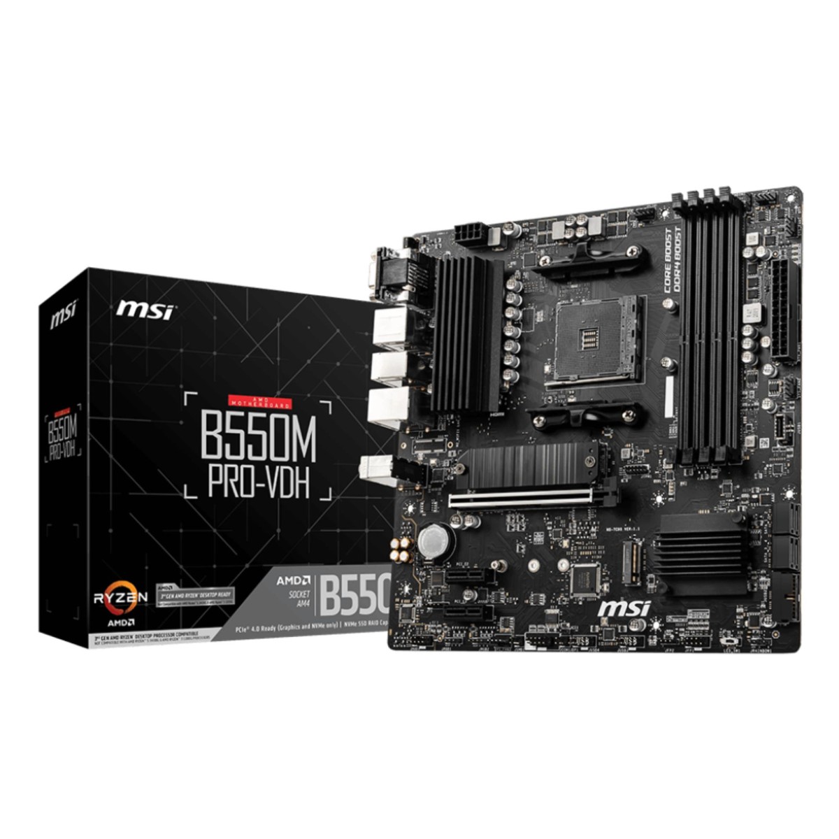 Mainboard|MSI|AMD B550|SAM4|MicroATX|Memory DDR4|Memory slots 4|2xPCI-Express 3.0 1x|1xPCI-Express 4.0 16x|2xM.2|1x15pin D-sub|1xHDMI|1xDisplayPort|2xAudio-In|1xAudio-Out|2xUSB 2.0|4xUSB 3.2|1xPS/2|1xRJ45|B550MPRO-VDH