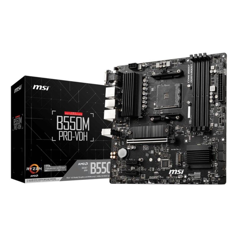 Mainboard|MSI|AMD B550|SAM4|MicroATX|Memory DDR4|Memory slots 4|2xPCI-Express 3.0 1x|1xPCI-Express 4.0 16x|2xM.2|1x15pin D-sub|1xHDMI|1xDisplayPort|2xAudio-In|1xAudio-Out|2xUSB 2.0|4xUSB 3.2|1xPS/2|1xRJ45|B550MPRO-VDH