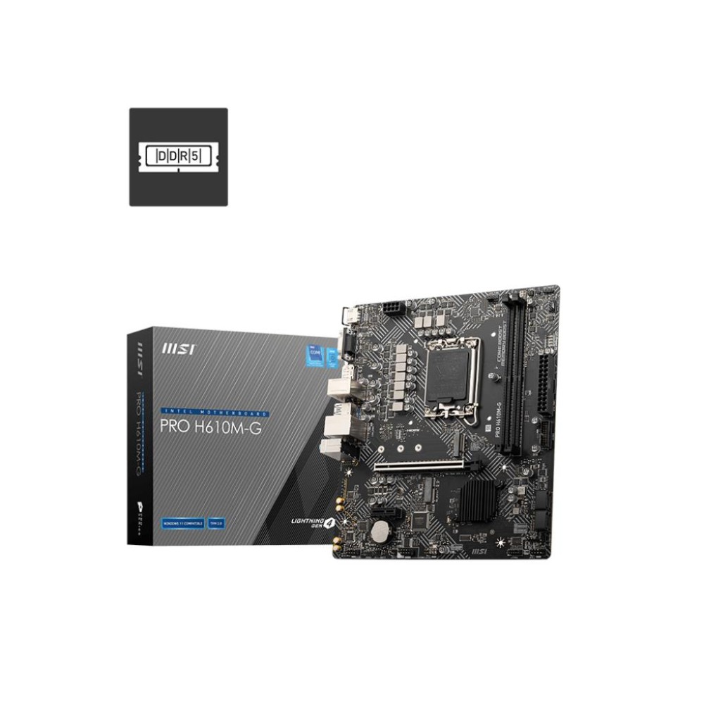 Mainboard|MSI|PRO H610M-G|Intel H610|LGA 1700|micro ATX|RAM DDR5-SDRAM|2xSlots|1xPCI Express x1 slots|1xPCI Express x16 slots|1xNumber of M.2 (M) slots|PROH610M-G