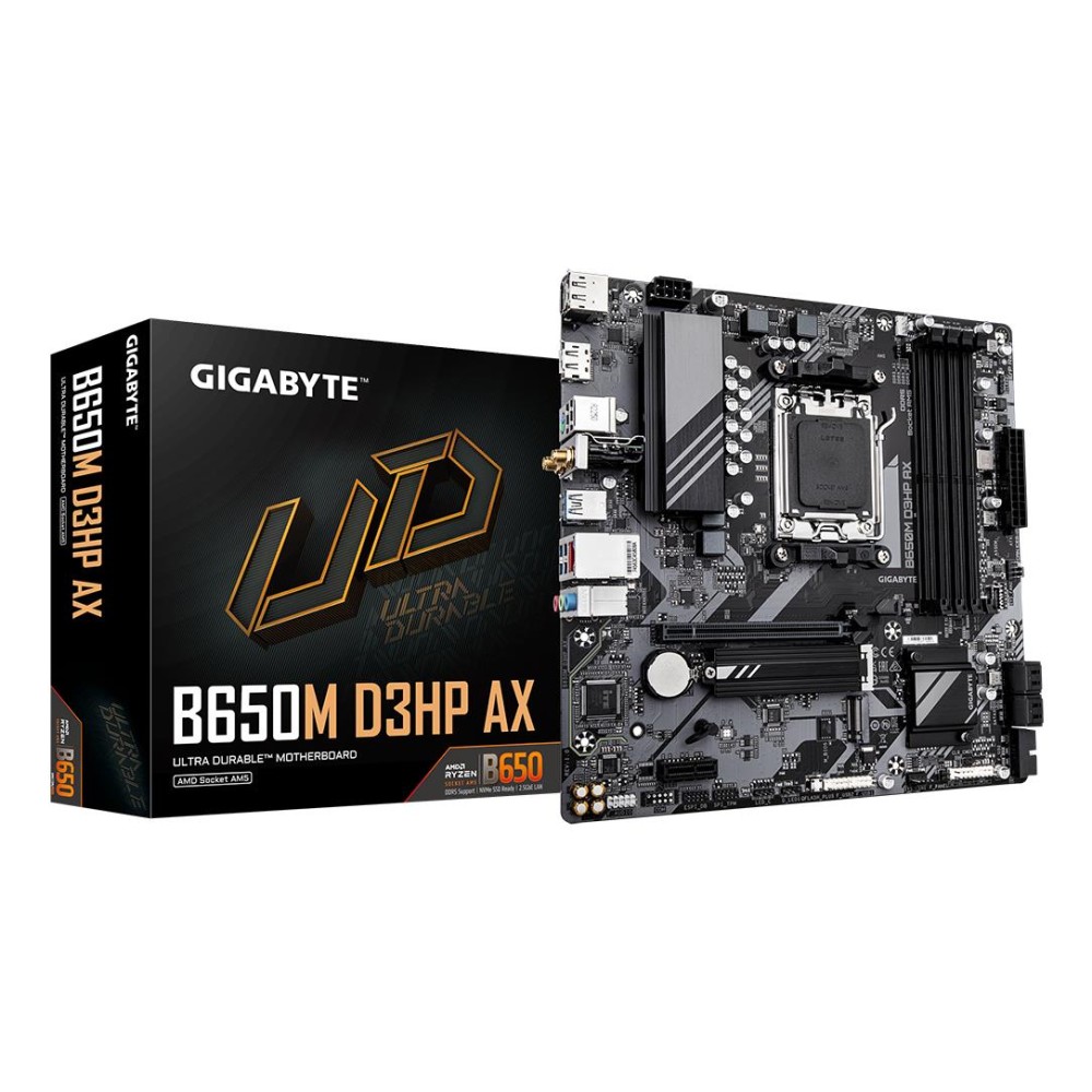 Mainboard|GIGABYTE|AMD B650|Socket AM5|micro ATX|RAM DDR5-SDRAM|4xSlots|Wi-Fi Yes|Bluetooth Yes|2xNumber of M.2 (M) slots|B650M D3HP AX 1.3|B650MD3HPAX1.3