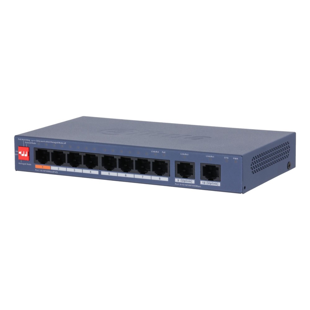 Switch|DAHUA|DH-CS4010-8ET2GT-60|Switch layer L2|8xRJ-45 ports|RJ-45 Ports Type Fast Ethernet (10/100)|2xGigabit Ethernet (copper) ports quantity|8xPower over Ethernet (PoE) ports quantity|Total Power over Ethernet (PoE) budget 60 W|CS4010-8ET2GT-60
