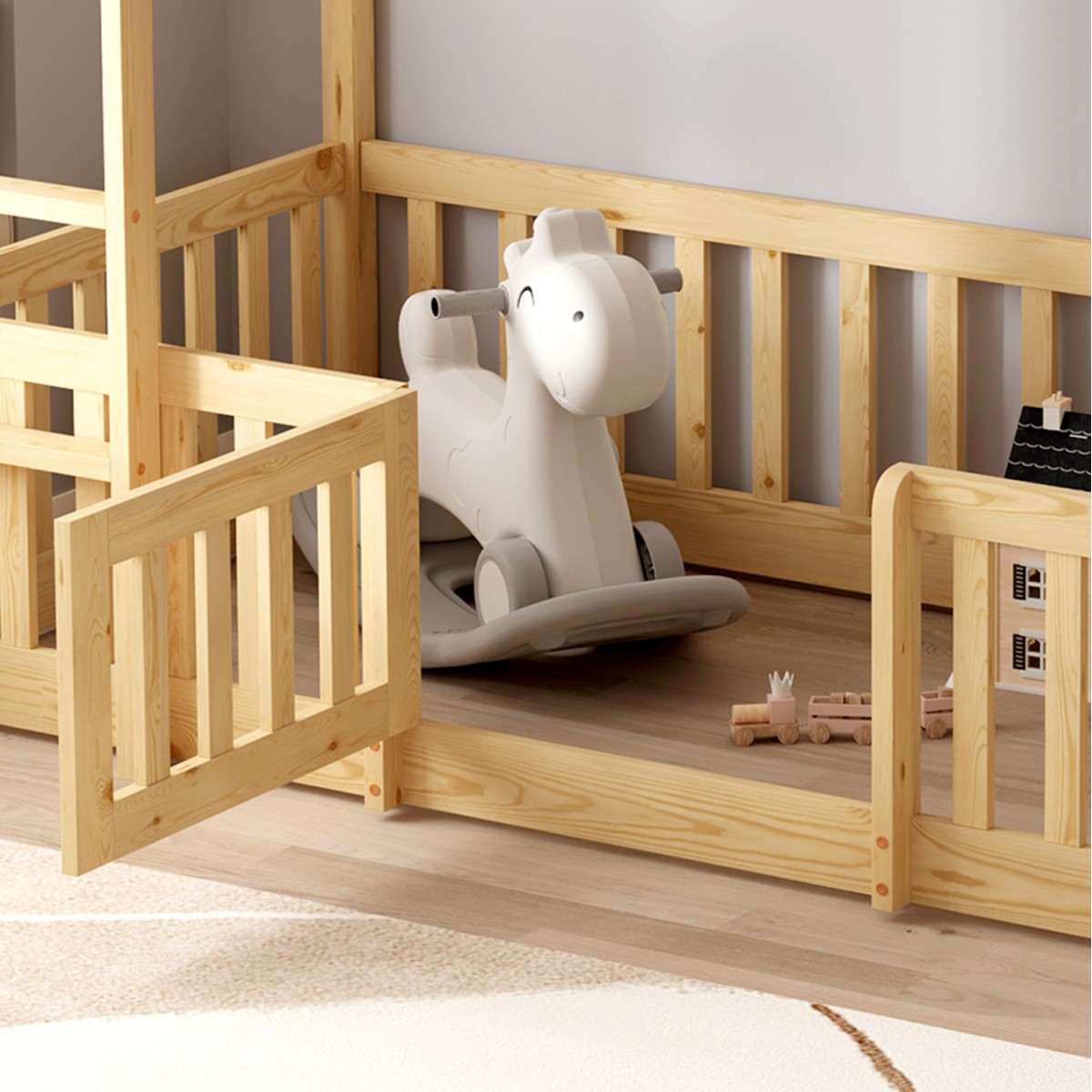 ΠΑΙΔΙΚΗ ΚΟΥΚΕΤΑ τ.MONTESSORI ΜΕ ΠΑΡΚΑΚΙ PLAYKID HM703.01 ΞΥΛΟ ΠΕΥΚΟΥ ΦΥΣΙΚΟ ΓΙΑ 190x90εκ