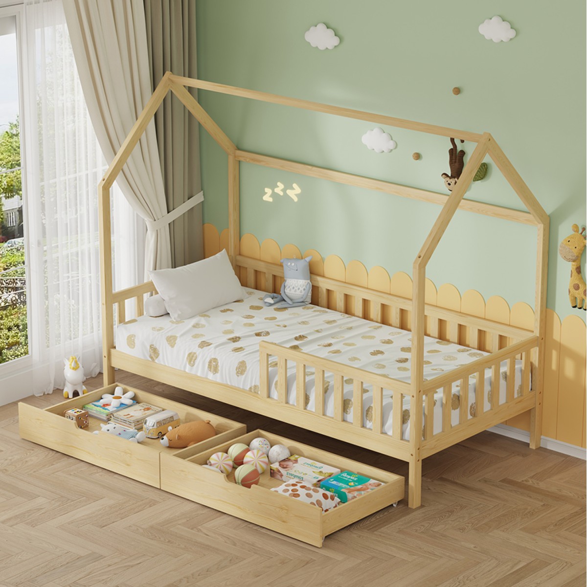 ΚΡΕΒΑΤΙ ΠΑΙΔΙΚΟ ΜΕ ΣΥΡΤΑΡΙΑ PHYLLIS HM724.01 τ.MONTESSORI ΦΥΣΙΚΟ 196x97x161Υεκ.