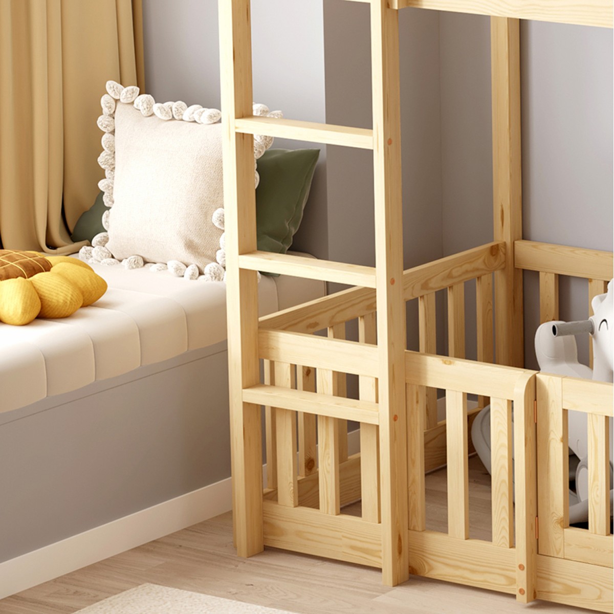 ΠΑΙΔΙΚΗ ΚΟΥΚΕΤΑ τ.MONTESSORI ΜΕ ΠΑΡΚΑΚΙ PLAYKID HM703.01 ΞΥΛΟ ΠΕΥΚΟΥ ΦΥΣΙΚΟ ΓΙΑ 190x90εκ