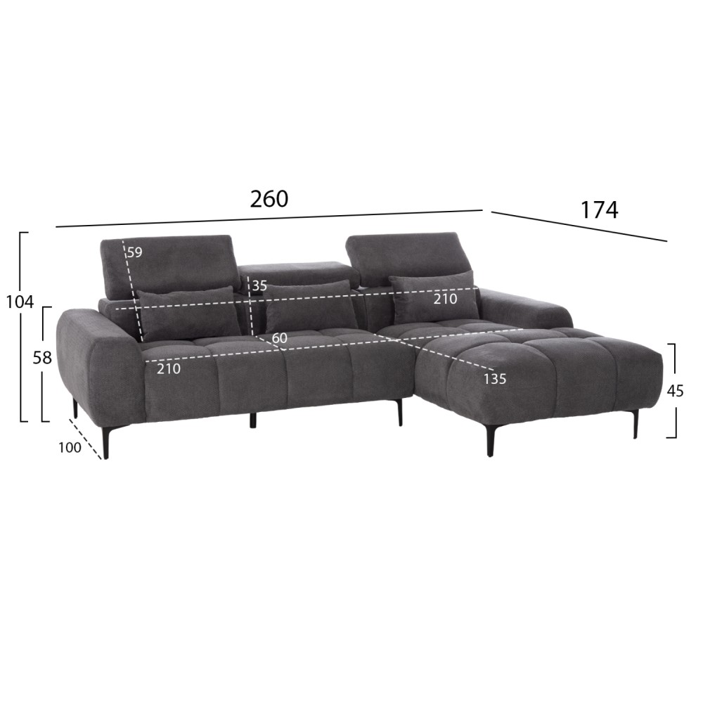 ΚΑΝΑΠΕΣ ΔΕΞΙΑ ΓΩΝΙΑ DIVYA HM3267.12R ΓΚΡΙ ΥΦΑΣΜΑ 260x100-174x104Υεκ.
