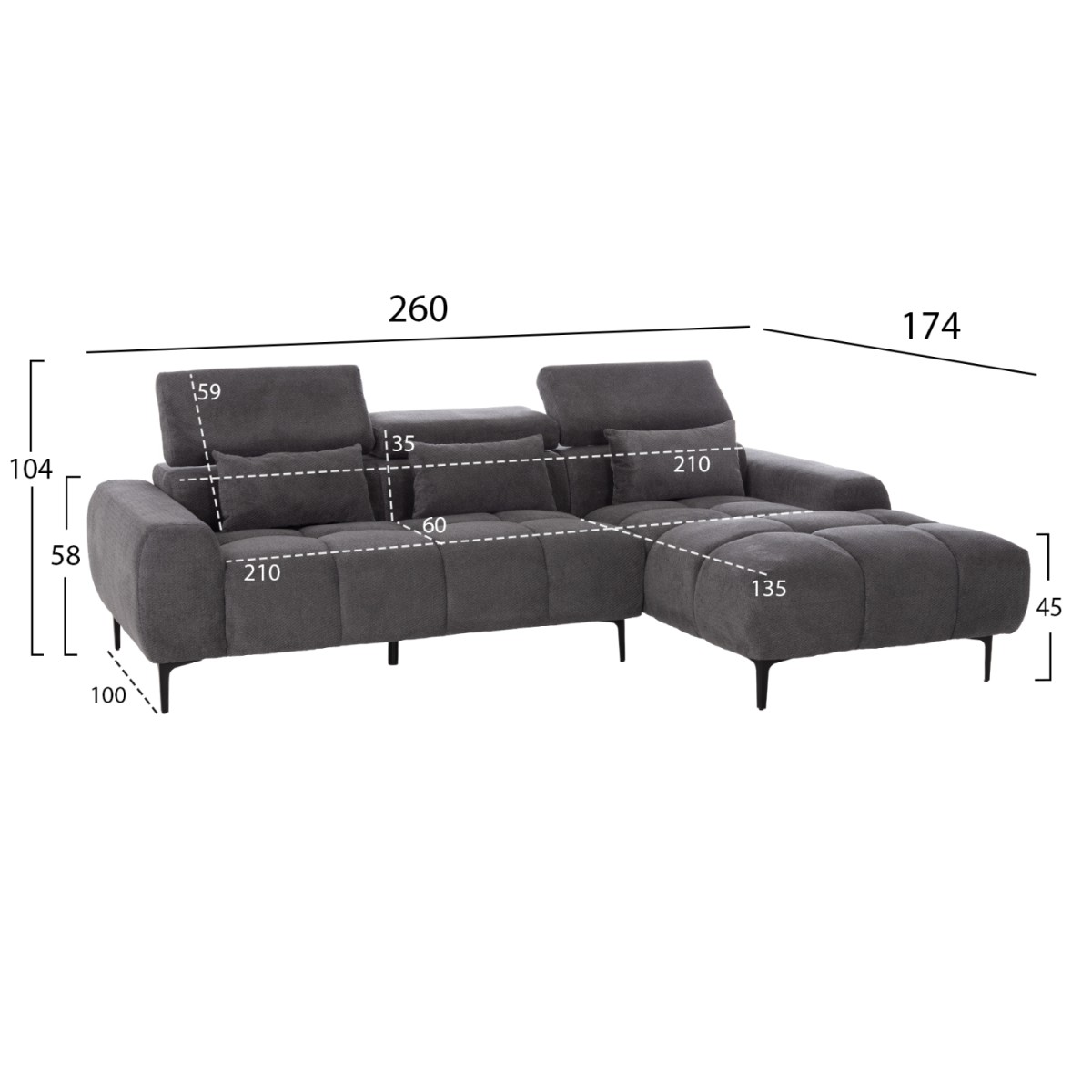 ΚΑΝΑΠΕΣ ΔΕΞΙΑ ΓΩΝΙΑ DIVYA HM3267.12R ΓΚΡΙ ΥΦΑΣΜΑ 260x100-174x104Υεκ.