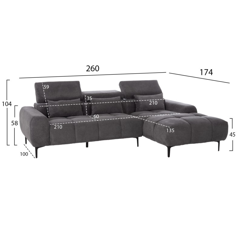 ΚΑΝΑΠΕΣ ΔΕΞΙΑ ΓΩΝΙΑ DIVYA HM3267.12R ΓΚΡΙ ΥΦΑΣΜΑ 260x100-174x104Υεκ.