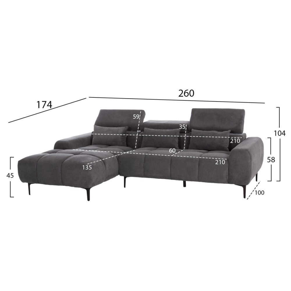 ΚΑΝΑΠΕΣ ΑΡΙΣΤΕΡΗ ΓΩΝΙΑ DIVYA HM3267.12L ΓΚΡΙ ΥΦΑΣΜΑ 260x100-174x104Υεκ.