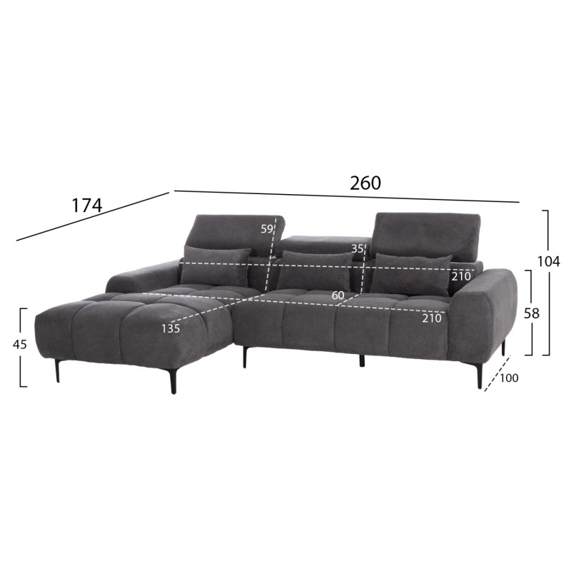 ΚΑΝΑΠΕΣ ΑΡΙΣΤΕΡΗ ΓΩΝΙΑ DIVYA HM3267.12L ΓΚΡΙ ΥΦΑΣΜΑ 260x100-174x104Υεκ.