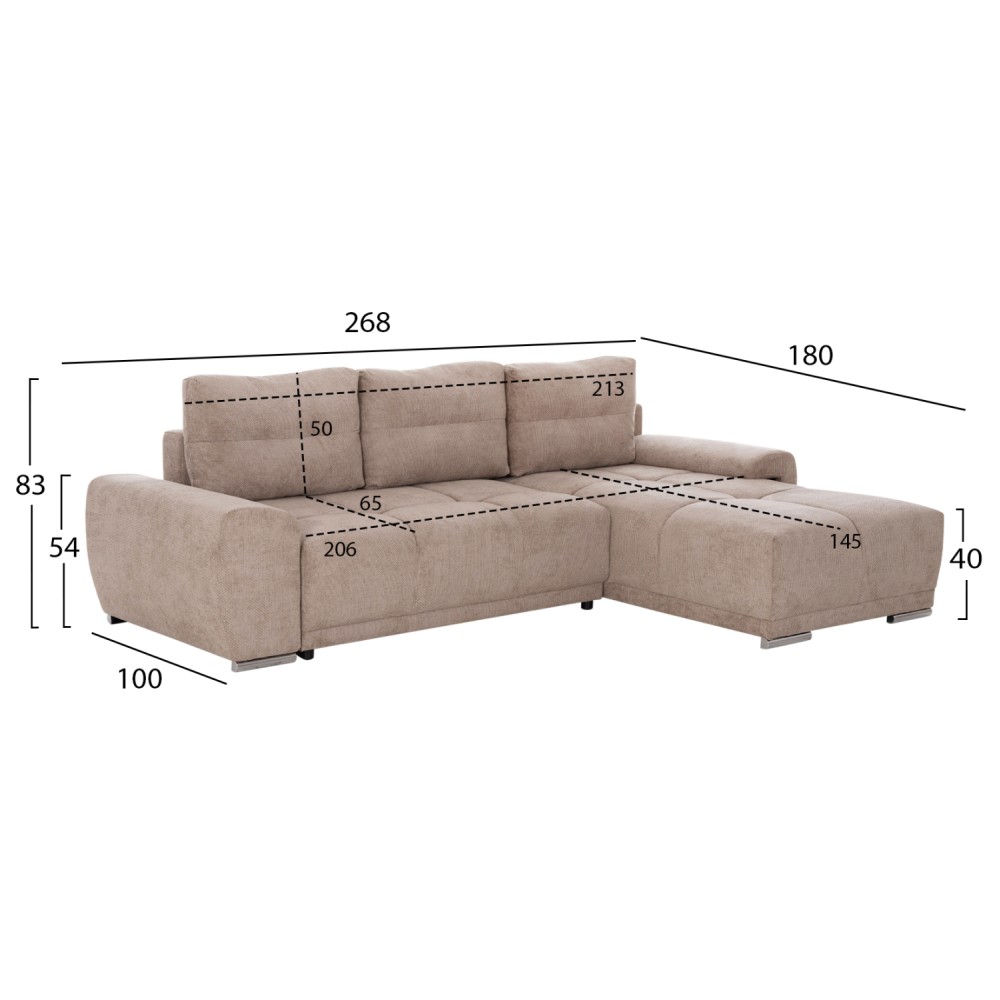 ΚΑΝΑΠΕΣ ΚΡΕΒΑΤΙ ΔΕΞΙΑ ΓΩΝΙΑ COMFYRA HM3336.03R ΜΠΕΖ ΥΦΑΣΜΑ 270x181x75Υεκ