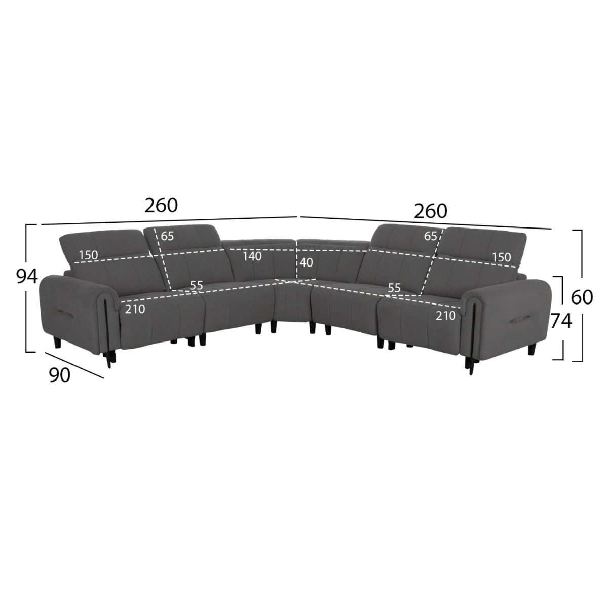 ΓΩΝΙΑΚΟΣ ΚΑΝΑΠΕΣ ΜΕ RECLINE ORACLE HM3290.01 ΓΚΡΙ ΥΦΑΣΜΑ 260x260x90(κάθισμα)x94Υεκ.