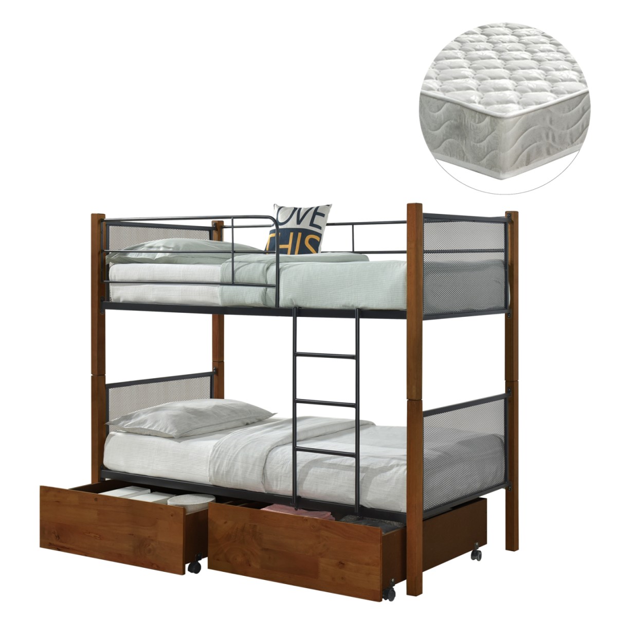 ΚΟΥΚΕΤΑ ΜΕ 2 ΣΥΡΤΑΡΙΑ & 2 ΣΤΡΩΜΑΤΑ 90X190εκ RAYVEN HM21336 ΞΥΛΟ ΚΑΙ ΜΕΤΑΛΛΟ