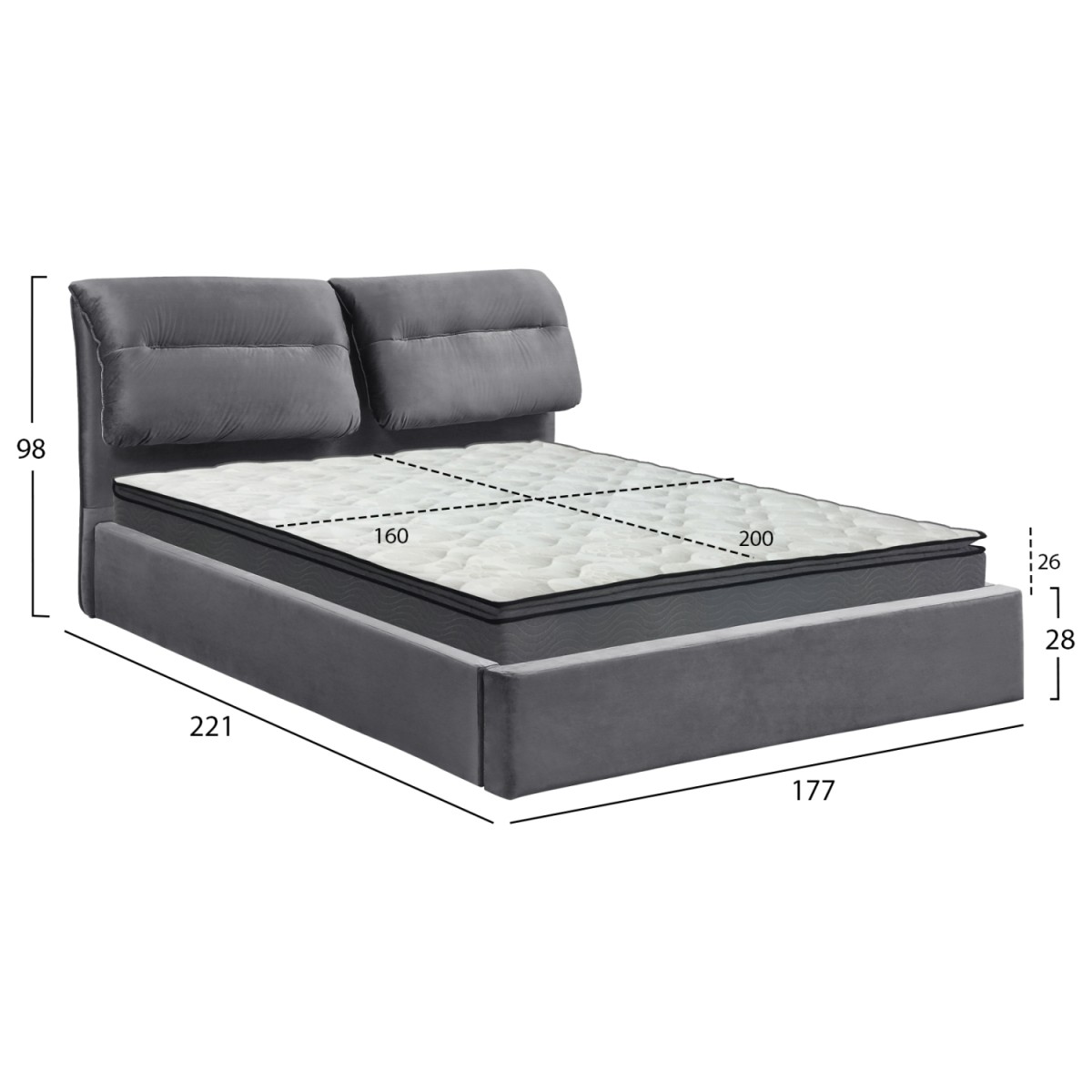 ΚΡΕΒΑΤΙ ΔΙΠΛΟ & ΣΤΡΩΜΑ KENDRA HM10720.01 ΓΚΡΙ ΒΕΛΟΥΔΟ ΜΕ ΑΠΟΘ.ΧΩΡΟ--ΓΙΑ 160x200εκ