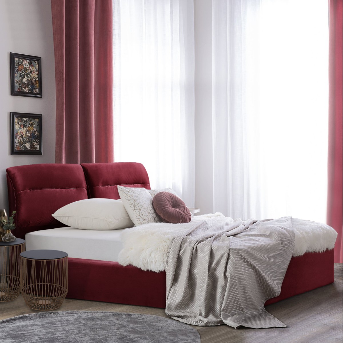 ΚΡΕΒΑΤΙ ΔΙΠΛΟ & ΣΤΡΩΜΑ KENDRA HM10720.06 ΚΟΚΚΙΝΟ ΒΟΥΡΓΟΥΝΔΙΑΣ ΒΕΛΟΥΔΟ--ΑΠΟΘ.ΧΩΡΟΣ--160x200εκ