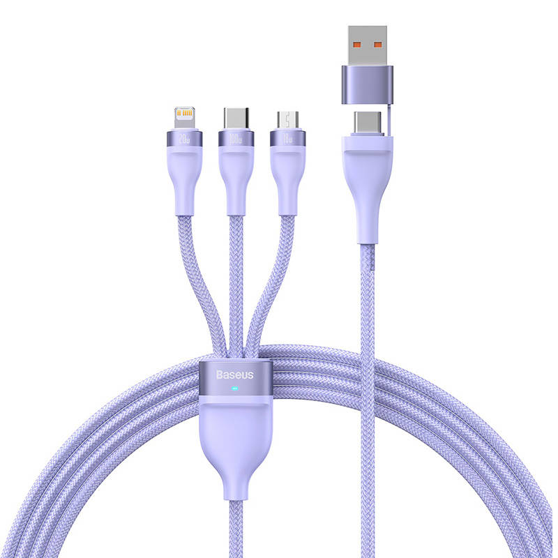 3in1 USB cable Baseus Flash Series 2, USB-C + micro USB + Lightning, 100W, 1.5m (purple)