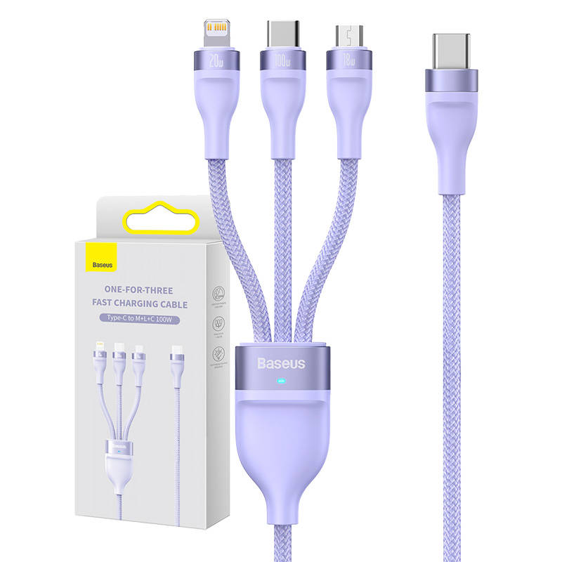 3in1 USB cable Baseus Flash Series 2, USB-C + micro USB + Lightning, 100W, 1.5m (purple)