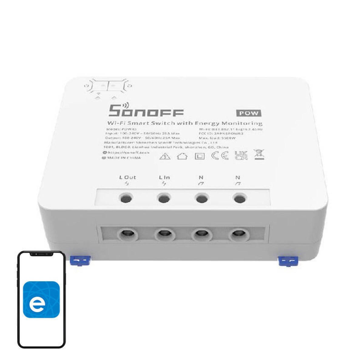 Sonoff Έξυπνος Ενδιάμεσος Διακόπτης Wi-Fi με Παρακολούθηση Ενέργειας POWR3 (25A/5500W) (Λευκό)