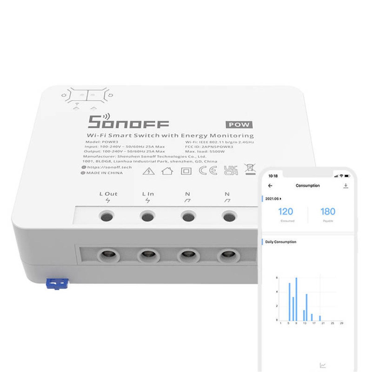 Sonoff Έξυπνος Ενδιάμεσος Διακόπτης Wi-Fi με Παρακολούθηση Ενέργειας POWR3 (25A/5500W) (Λευκό)