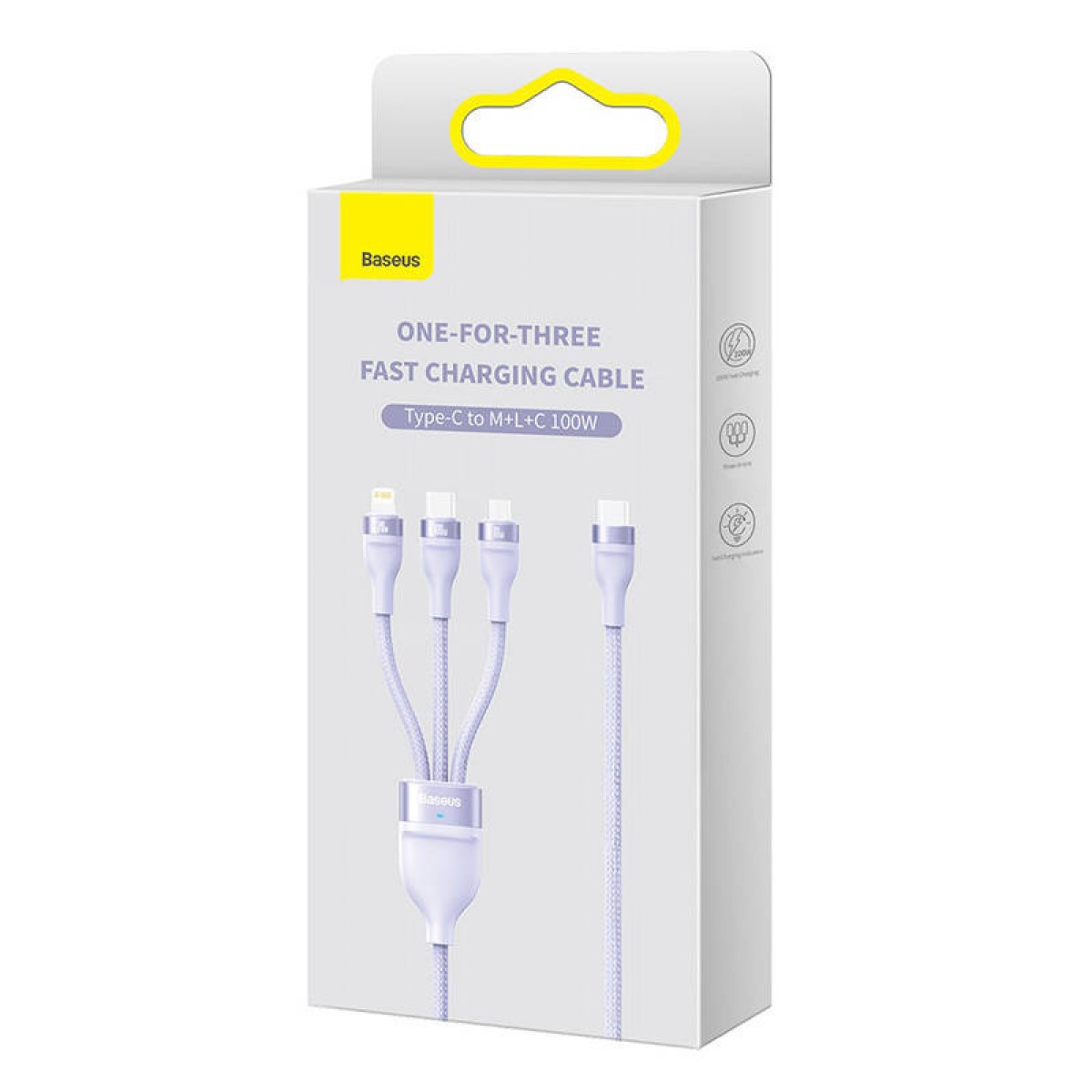 3in1 USB cable Baseus Flash Series 2, USB-C + micro USB + Lightning, 100W, 1.5m (purple)