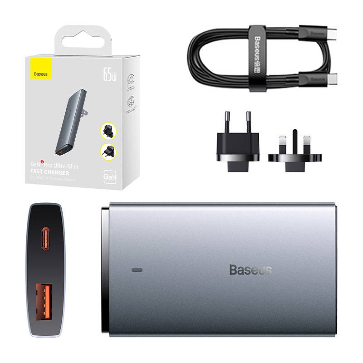 Baseus Φορτιστής GaN5, 1 xUSB-C, 1 xUSB-A 65W (Ασημί)