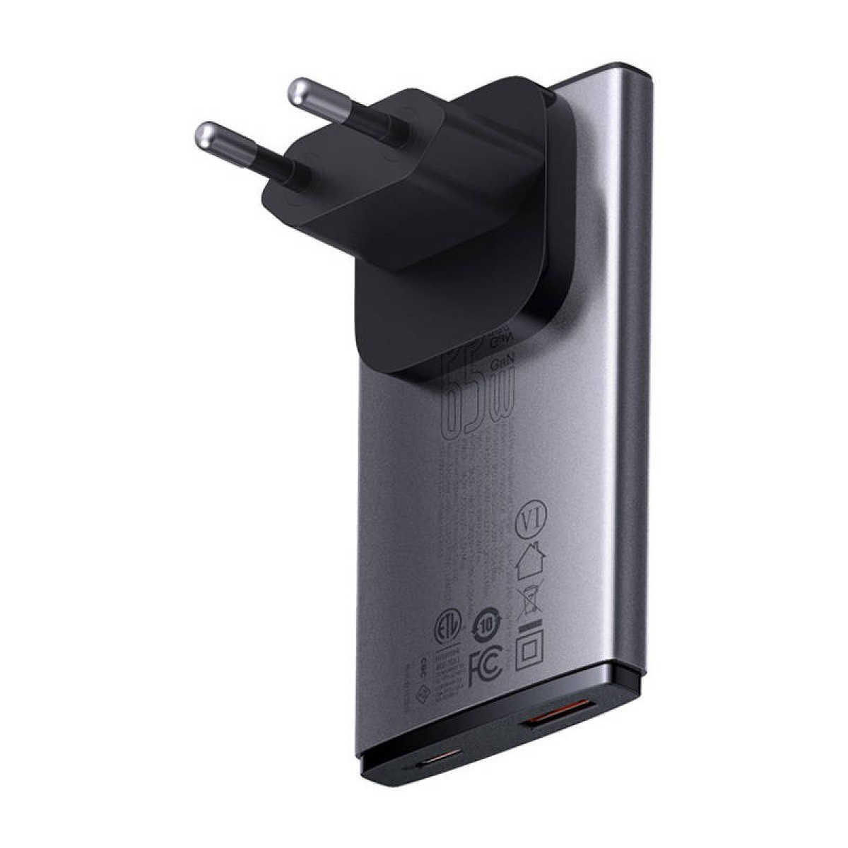 Baseus Φορτιστής GaN5, 1 xUSB-C, 1 xUSB-A 65W (Ασημί)