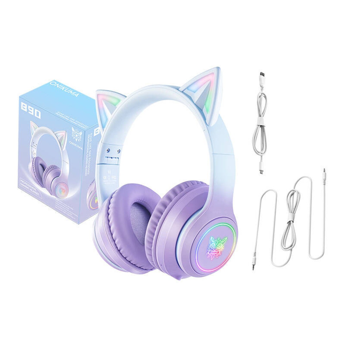 ONIKUMA Ασύρματα Ακουστικά Gaming B90 με Αυτιά Γάτας (Γαλάζιο/Μοβ)