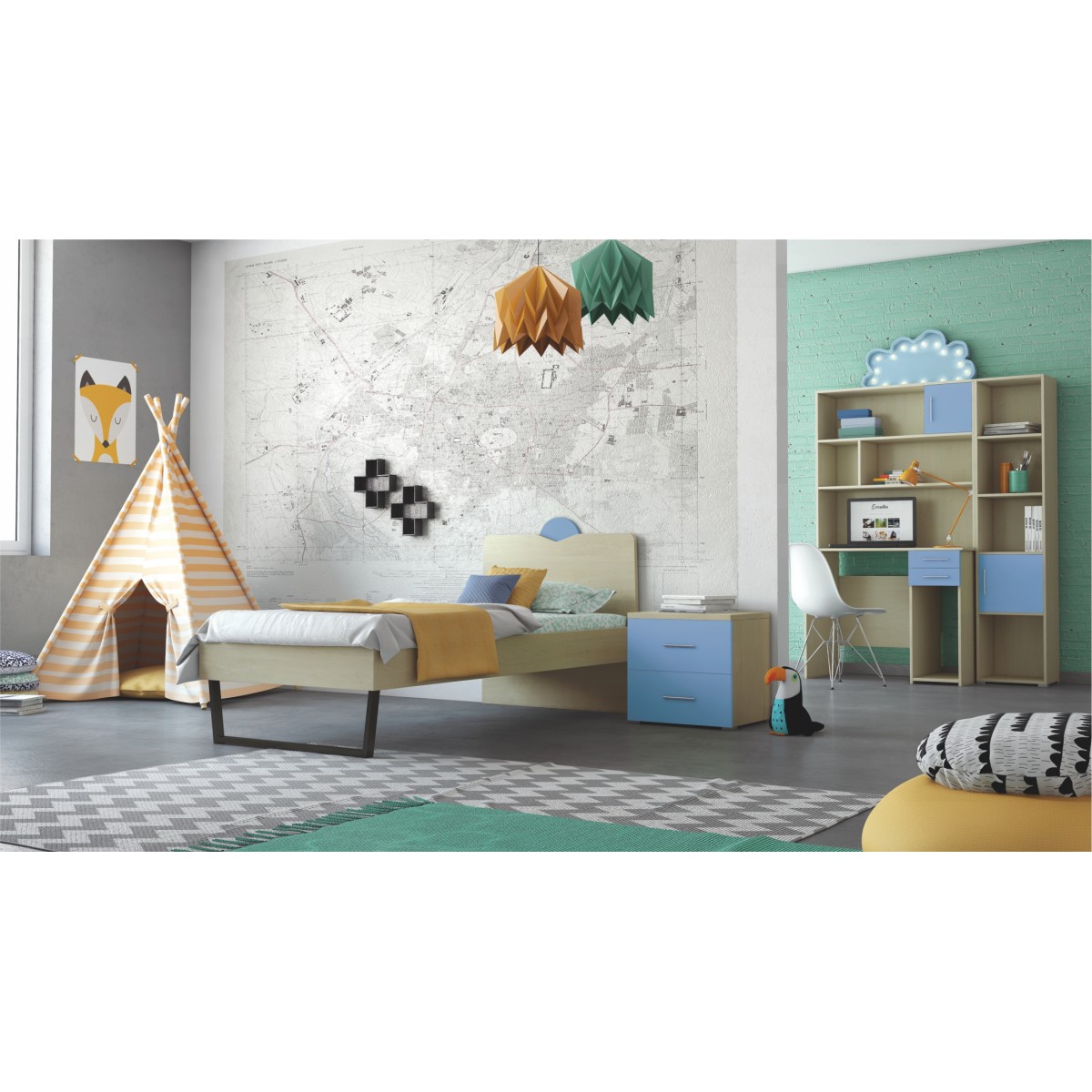 Παιδικό δωμάτιο "ΑΝΑΤΟΛΗ" σετ 5 τμχ σε χρώμα δρυς-μπλε