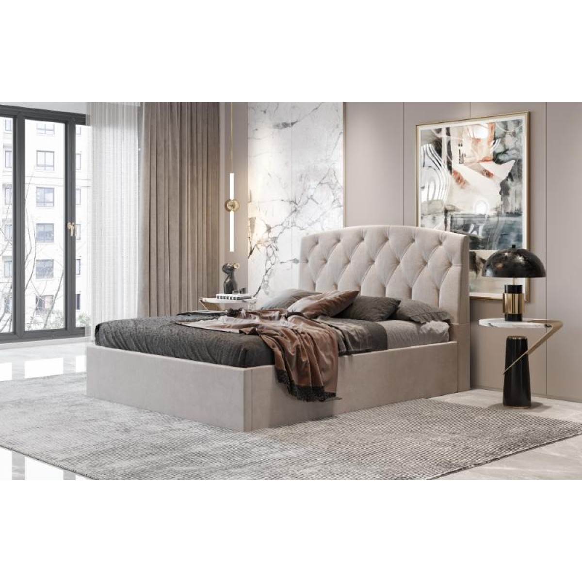 Κρεβάτι διπλό "BED2" από ύφασμα σε χρώμα γκρι 160x200