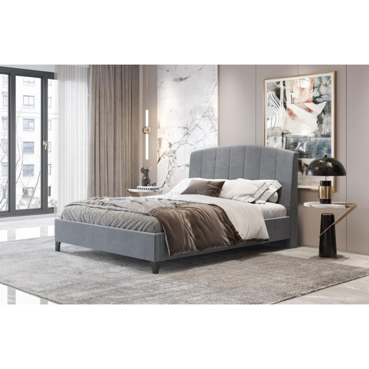 Κρεβάτι διπλό "BED5" με στρώμα από ύφασμα σε χρώμα ανθρακί 160x200