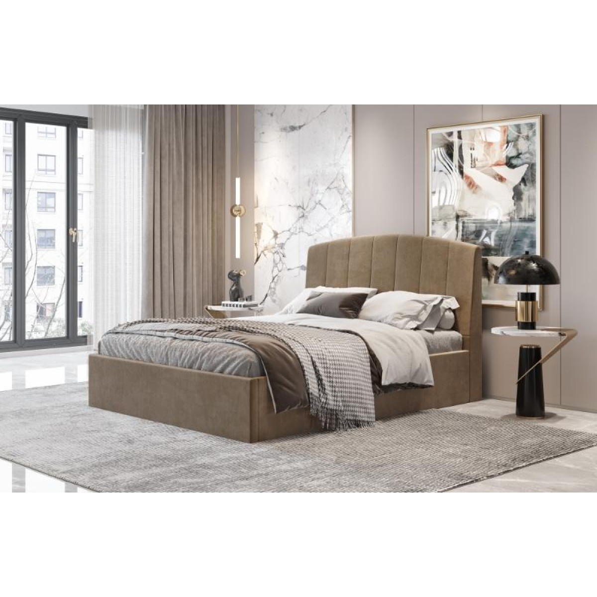 Κρεβάτι διπλό "BED6" με στρώμα από ύφασμα σε χρώμα κάμελ 160x200
