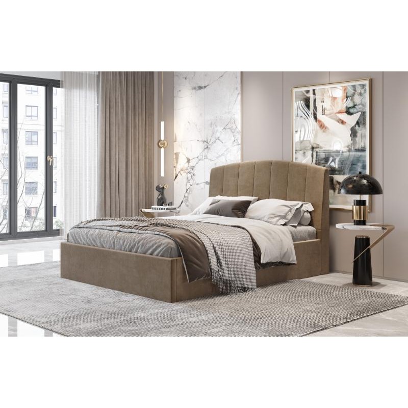 Κρεβάτι διπλό "BED6" με στρώμα από ύφασμα σε χρώμα κάμελ 160x200