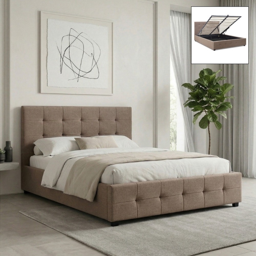 Κρεβάτι Iro Megapap υφασμάτινο με αποθηκευτικό χώρο χρώμα μπεζ - καφέ 160x200εκ.