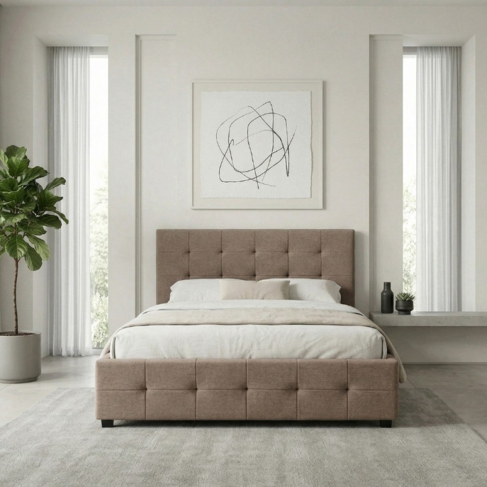 Κρεβάτι Iro Megapap υφασμάτινο με αποθηκευτικό χώρο χρώμα μπεζ - καφέ 150x200εκ.