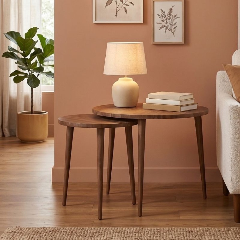 Τραπεζάκι σαλονιού σετ 2 τμχ Nola Megapap χρώμα καρυδί Ø60x46εκ.