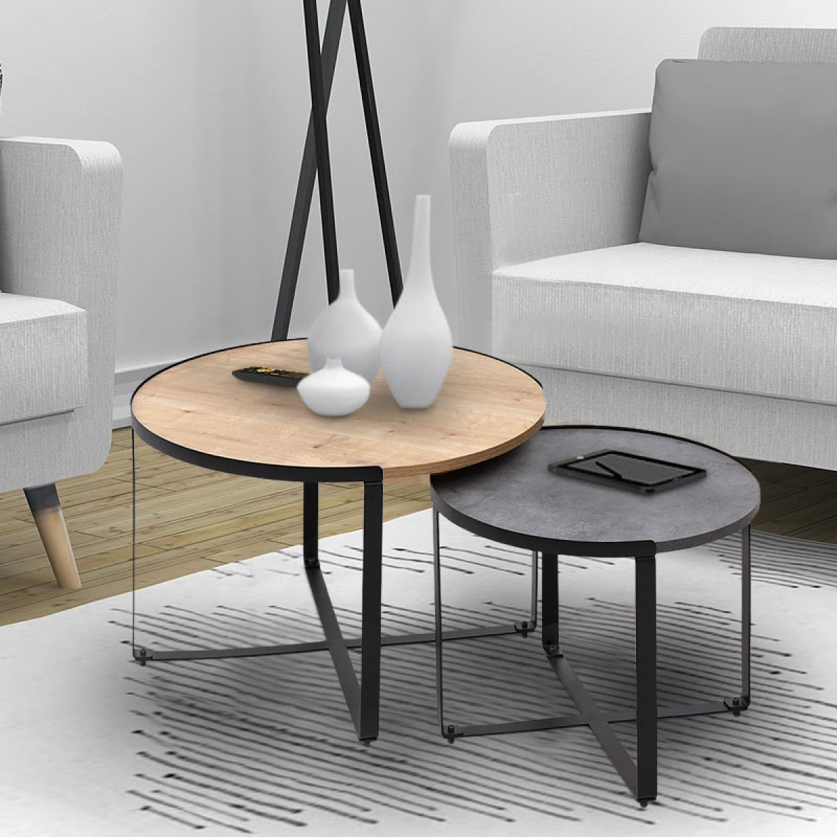 Σετ τραπεζάκια σαλονιού Davis Megapap 2τμχ. μεταλλικά - μελαμίνης sonoma/ανθρακί 70x69x46εκ.