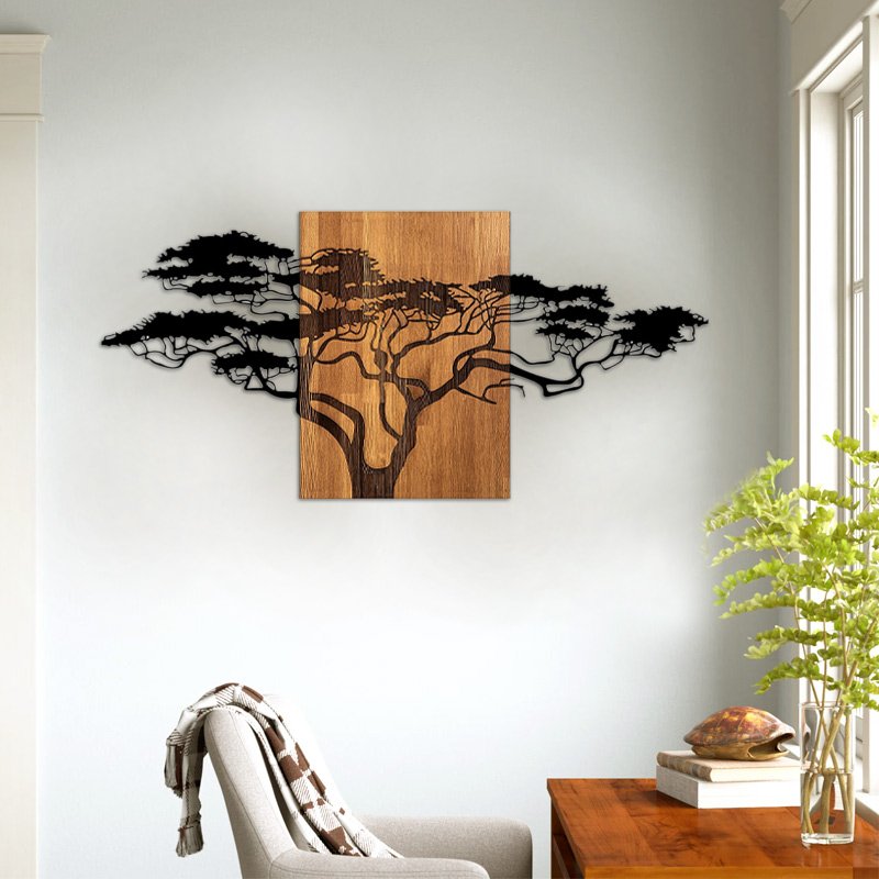 Διακοσμητικό τοίχου Acacia Tree Megapap ξύλινο - μεταλλικό χρώμα καρυδί - μαύρο 144x3x70εκ.