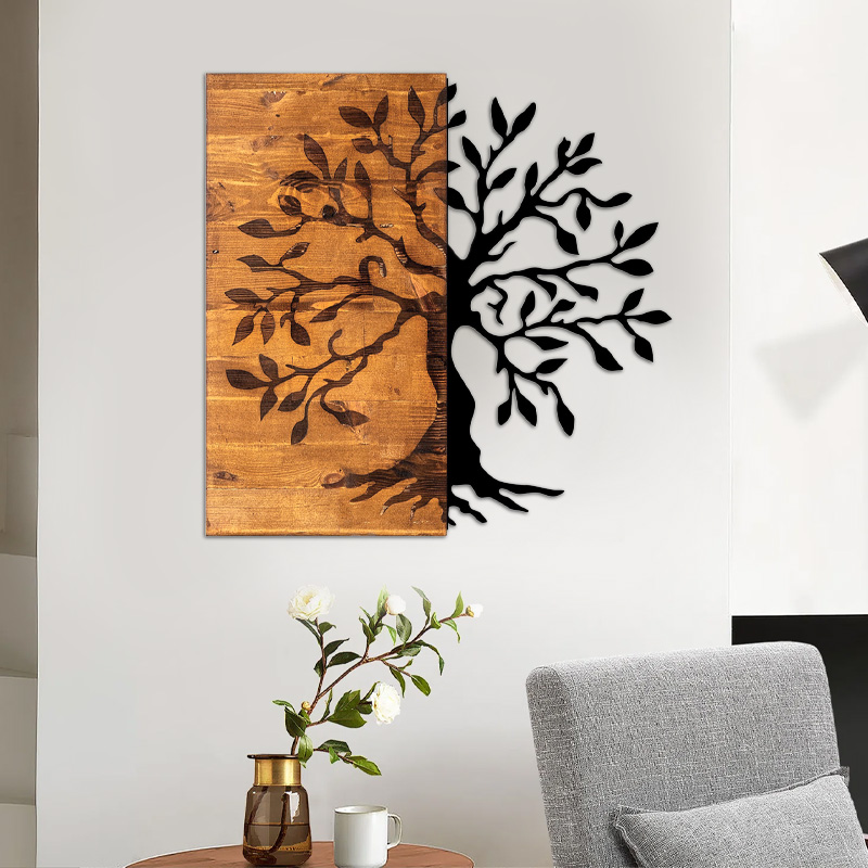Διακοσμητικό τοίχου Agac Tree Megapap ξύλινο - μεταλλικό χρώμα καρυδί - μαύρο 58x3x58εκ.