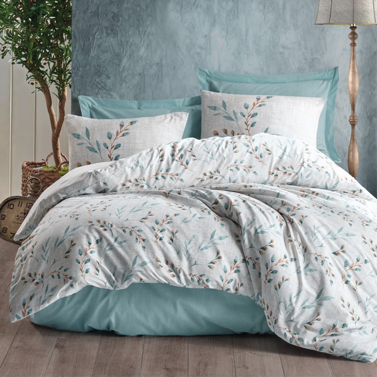 Σετ παπλωματοθήκη Lendell Cotton Box 3 τμχ Μονή (160x220) χρώμα μέντα - λευκό