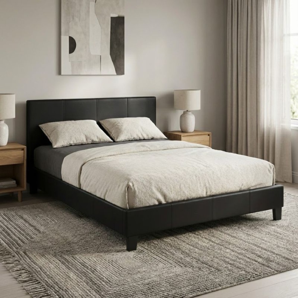 Κρεβάτι Flat Megapap από τεχνόδερμα χρώμα μαύρο ματ 140x190εκ.