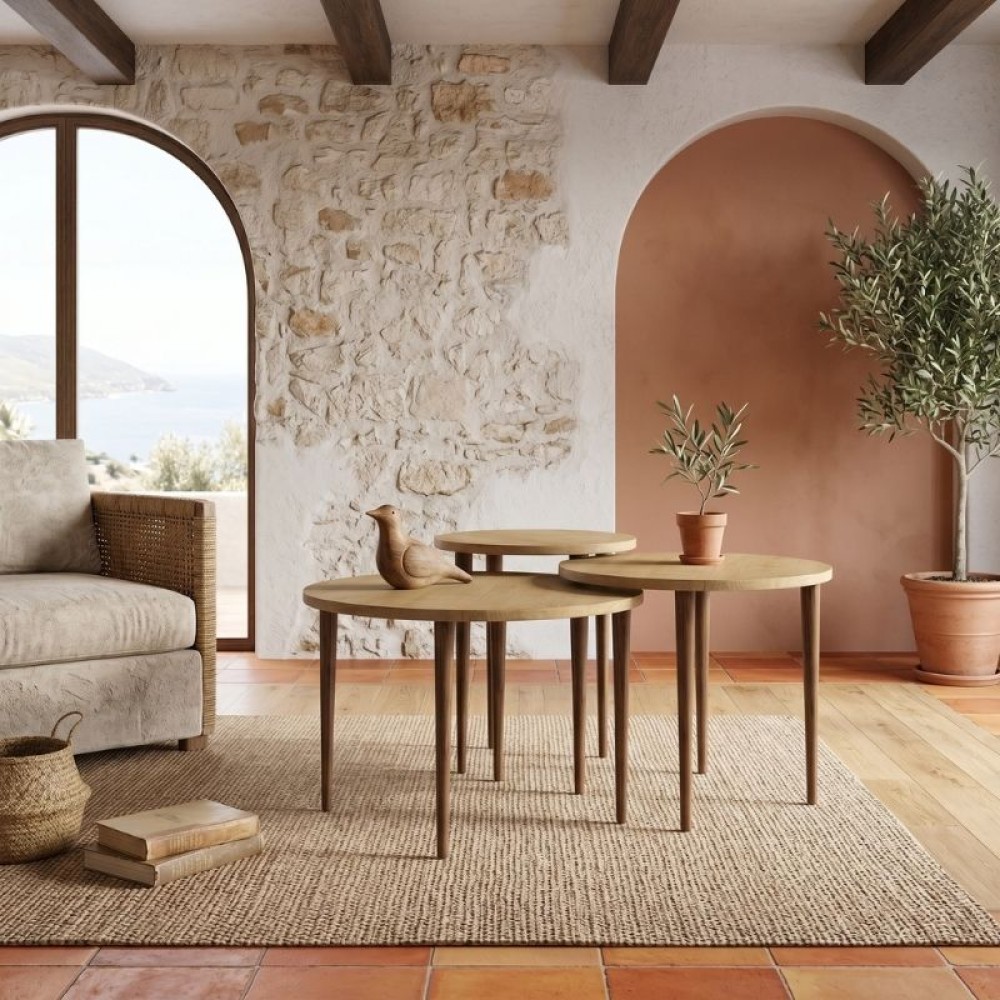 Τραπεζάκι σαλονιού σετ 3 τμχ Nola Megapap χρώμα sapphire oak Ø60x46εκ.