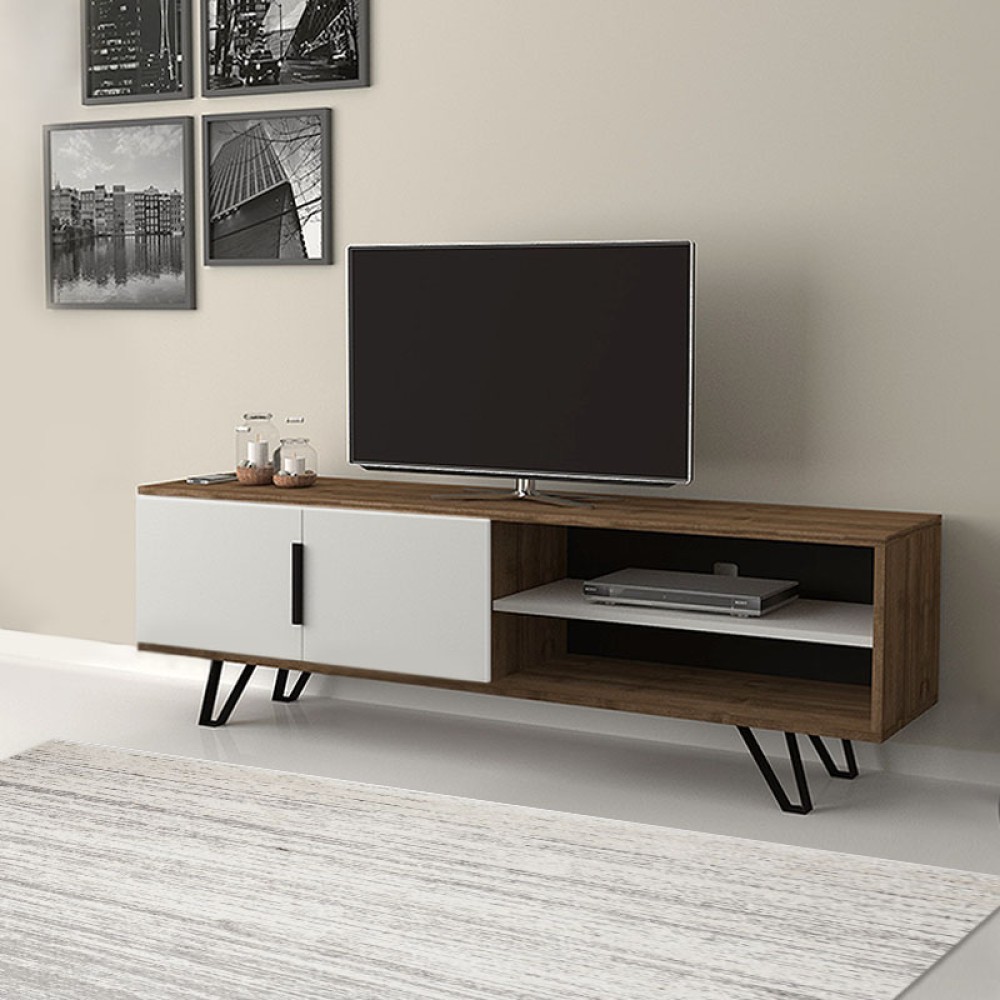 Έπιπλο τηλεόρασης Foot Megapap χρώμα καρυδί - λευκό 160x35x49εκ.