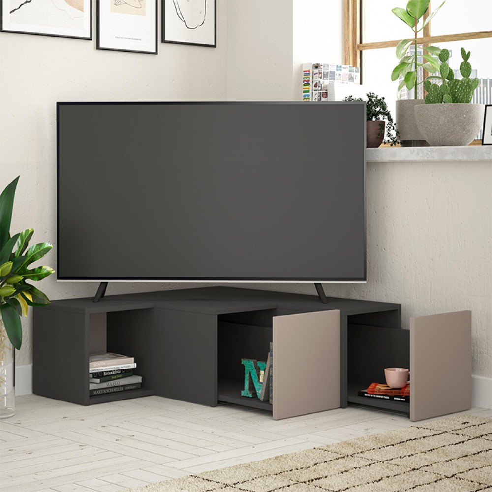 Έπιπλο τηλεόρασης γωνιακό Compact Megapap χρώμα ανθρακί - ανοιχτή μόκα 94,2x90,6x31,4εκ.