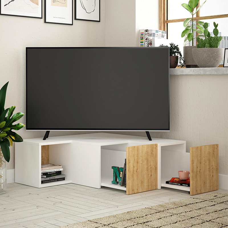 Έπιπλο τηλεόρασης γωνιακό Compact Megapap χρώμα λευκό - sapphire oak 94,2x90,6x31,4εκ.