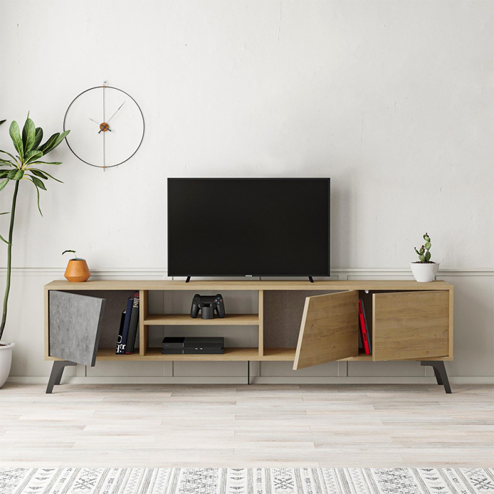 Έπιπλο τηλεόρασης Fiona Megapap χρώμα sapphire oak - γκρι ρετρό 180x35,6x48εκ.