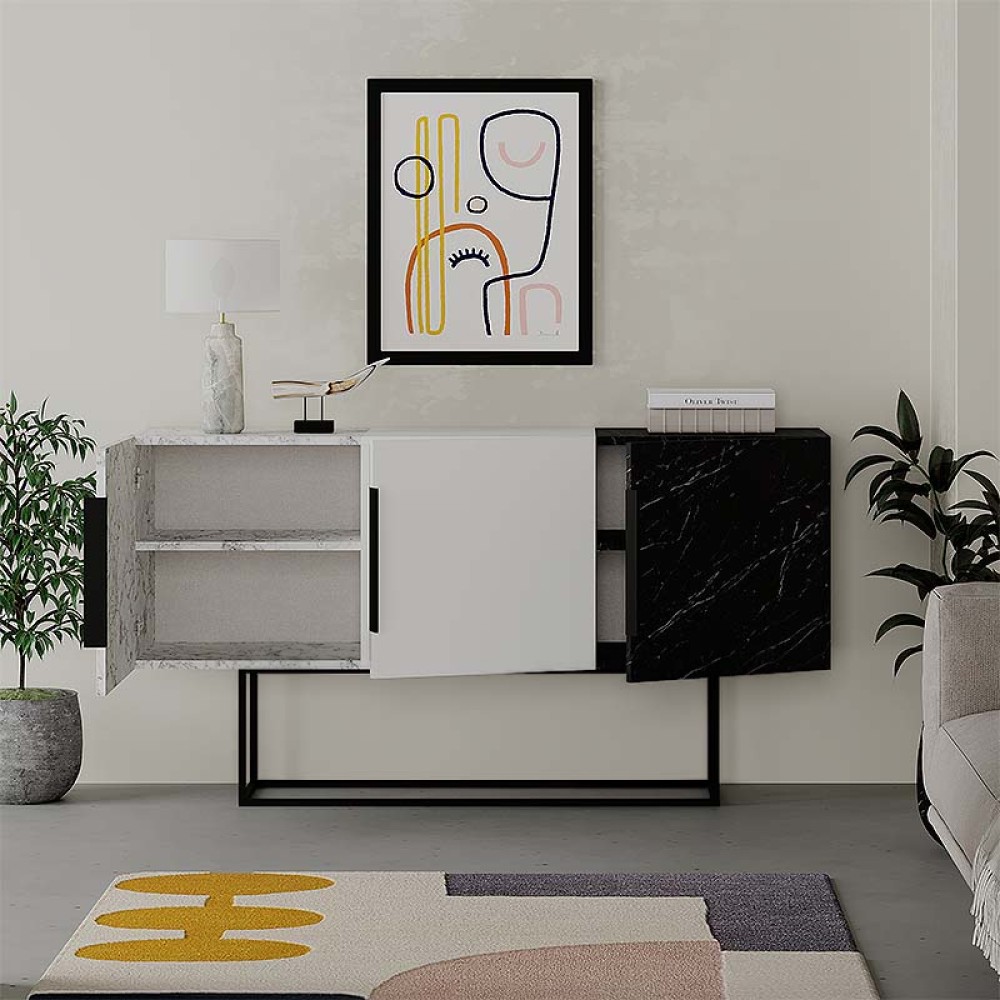 Μπουφές Tontini Megapap χρώμα λευκό - μαύρο εφέ μαρμάρου 150x42x79,5εκ.