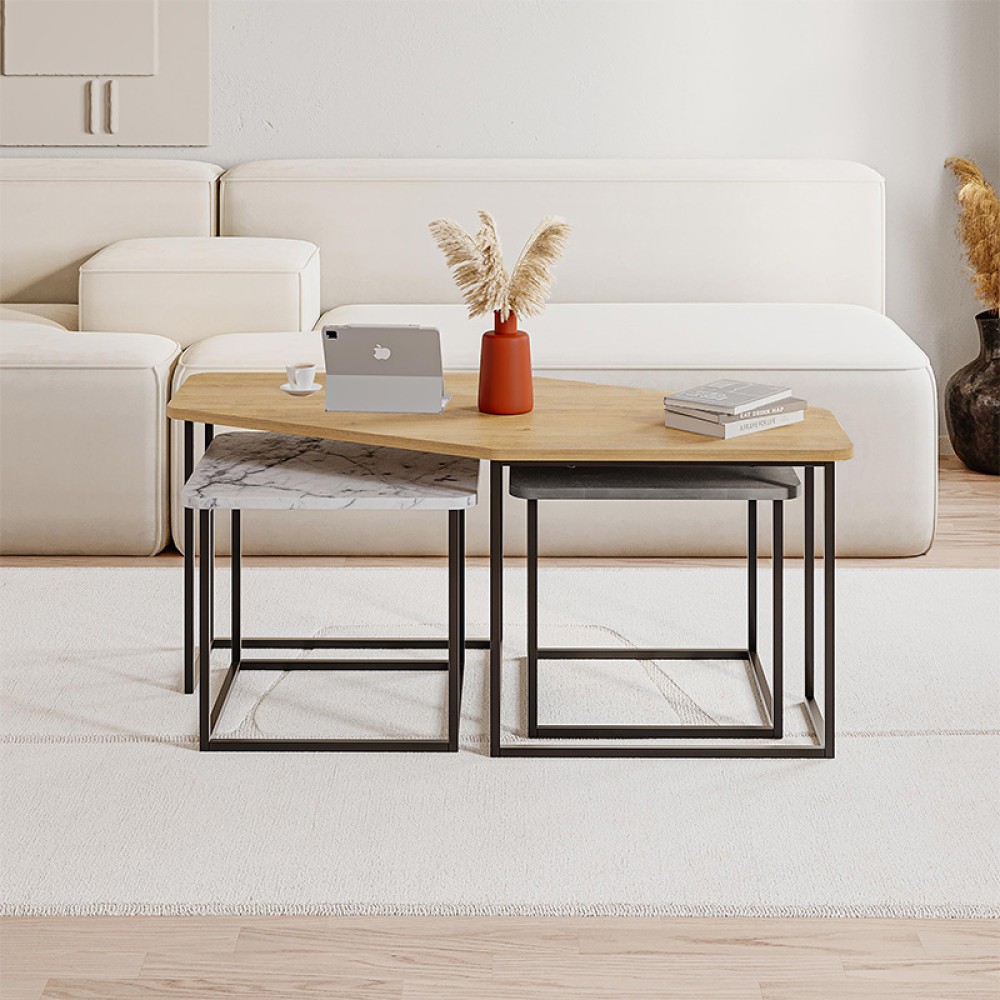 Τραπεζάκι σαλονιού σετ 3 τμχ. Nesty Megapap χρώμα saphhire oak - γκρι ρετρό - λευκό εφέ μαρμάρου 110x60x48εκ.