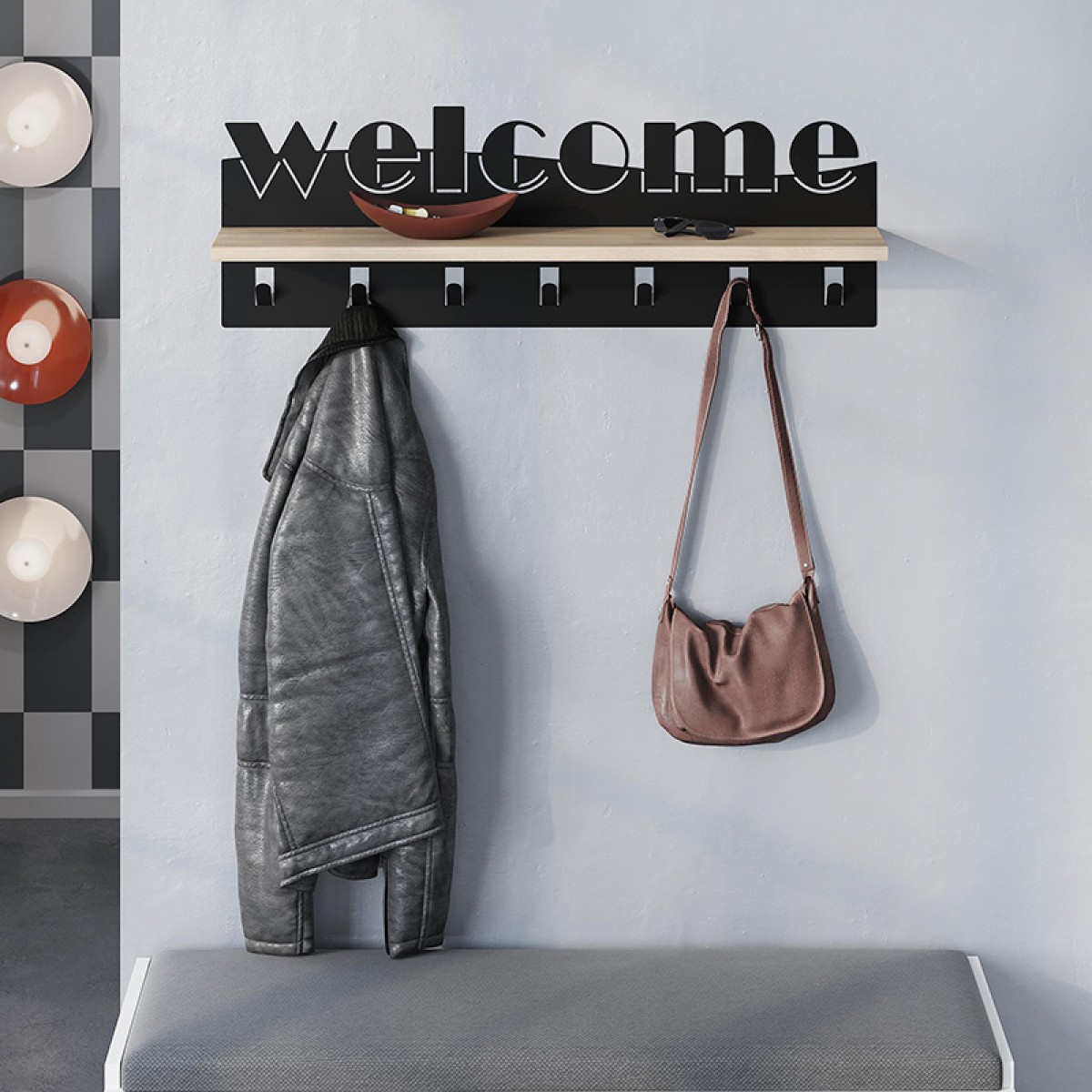 Κρεμάστρα τοίχου Welcome Megapap χρώμα μαύρο - sapphire oak 86x15,2x29εκ.