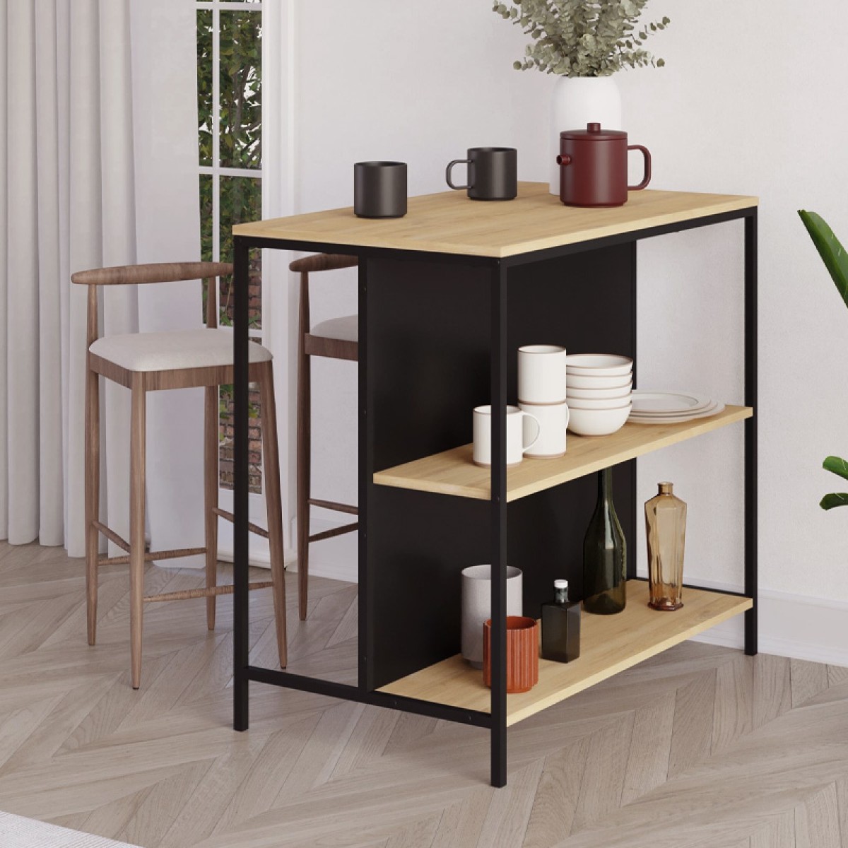 Τραπέζι μπαρ Detroit Megapap χρώμα sapphire oak - silky black 100x60x95εκ.
